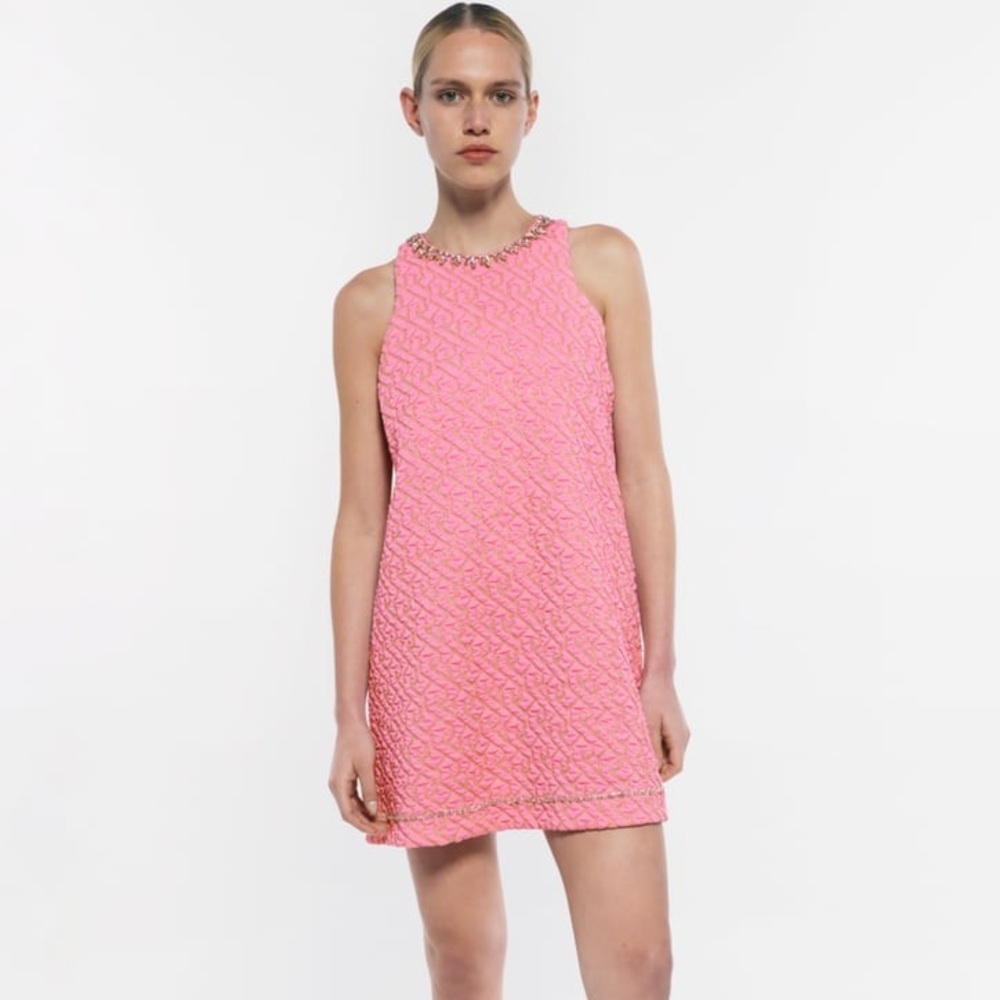 ZARA JEWEL TRIM MINI PINK GOLD DRESS BRAND NEW WITH TAGS SMALL